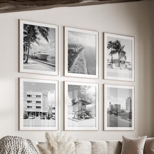 Miami Black & White Wall Art Set de 6, Impresiones de la ciudad de Miami, Descarga instantánea, Conjunto de paredes de galería, Carteles de Florida, Fotografía de viajes, Playa