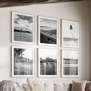 Juego de 6 cuadros de arte mural en blanco y negro de Bora Bora, impresiones de la Polinesia Francesa, descarga instantánea, juego de galería de pared, póster de Bora Bora, impresiones de playa