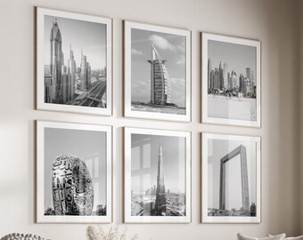 Conjunto de 6 impresiones de Dubái en blanco y negro, descarga instantánea, póster de Dubái, póster de Emiratos Árabes Unidos, fotografía de viajes