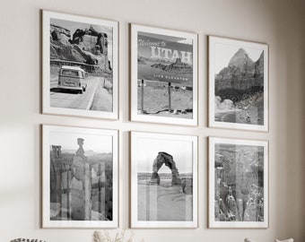 Svartvita väggkonstmotiv med 6 motiv från Utah, Utah UT-tryck, direktnedladdning, galleriväggsset, Arches nationalpark, Bryce Canyon
