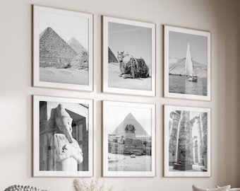 Egypt Black & White Wall Art Set of 6, Pyramids of Giza Prints, Instant Download, Gallery Wall Set, Cairo Posters, Travel Photography
