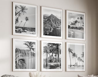 Conjunto de 6 artes de parede em preto e branco do Havaí, impressões de praia do Havaí, download instantâneo, conjunto de galeria de parede, pôsteres de Honolulu e Oahu, palmeira, Maui