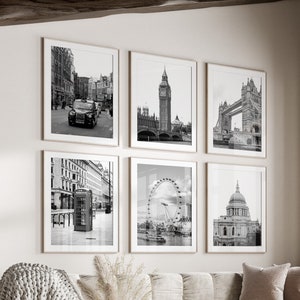 London City Black & White Wall Art Set de 6, Impresiones de Londres, Descarga instantánea, Gallery Wall Set, Carteles de Inglaterra Reino Unido, Fotografía de viajes