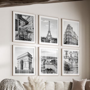 Conjunto de 6 impresiones de París, Francia, en blanco y negro, impresiones de la ciudad de París, descarga instantánea, pósteres de Francia, Torre Eiffel, Arco del Triunfo.