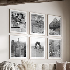 Conjunto de arte de pared en blanco y negro del estado de Utah de 6, impresiones de Utah UT, descarga instantánea, conjunto de paredes de galería, Parque Nacional Arches, Cañón Bryce