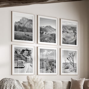 US National Parks Schwarz-Weiß-Wandkunst-Set mit 6 Drucken, Yellowstone, Grand Canyon, Yosemite, Joshua Tree, Arches, Bryce, Rocky Mountain Prints