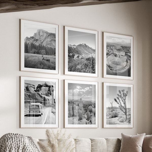 US National Parks Black & White Wall Art Set of 6, Yellowstone, Grand Canyon, Yosemite, Joshua Tree, Arches, Bryce, Rocky Mountain Prints