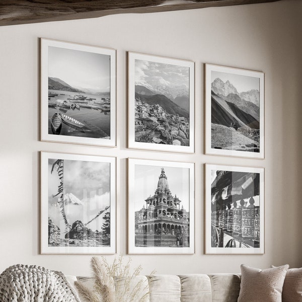 Nepal Black & White Wall Art Set of 6, Nepal Prints, Instant Download, Gallery Wall Set, Himalayas Posters, Travel Photography