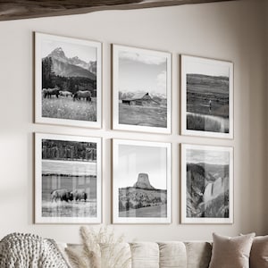 Ensemble de 6 oeuvres d'art mural noir et blanc de l'État du Wyoming, impressions Wyoming WY, téléchargement immédiat, ensemble mural de galerie, Yellowstone, parc national de Gran Teton