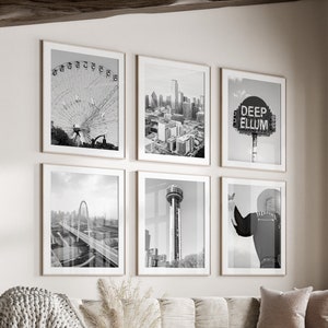 Conjunto de arte de pared en blanco y negro de la ciudad de Dallas de 6, impresiones de Texas, descarga instantánea, conjunto de pared de galería, carteles de Dallas TX, fotografía de viajes
