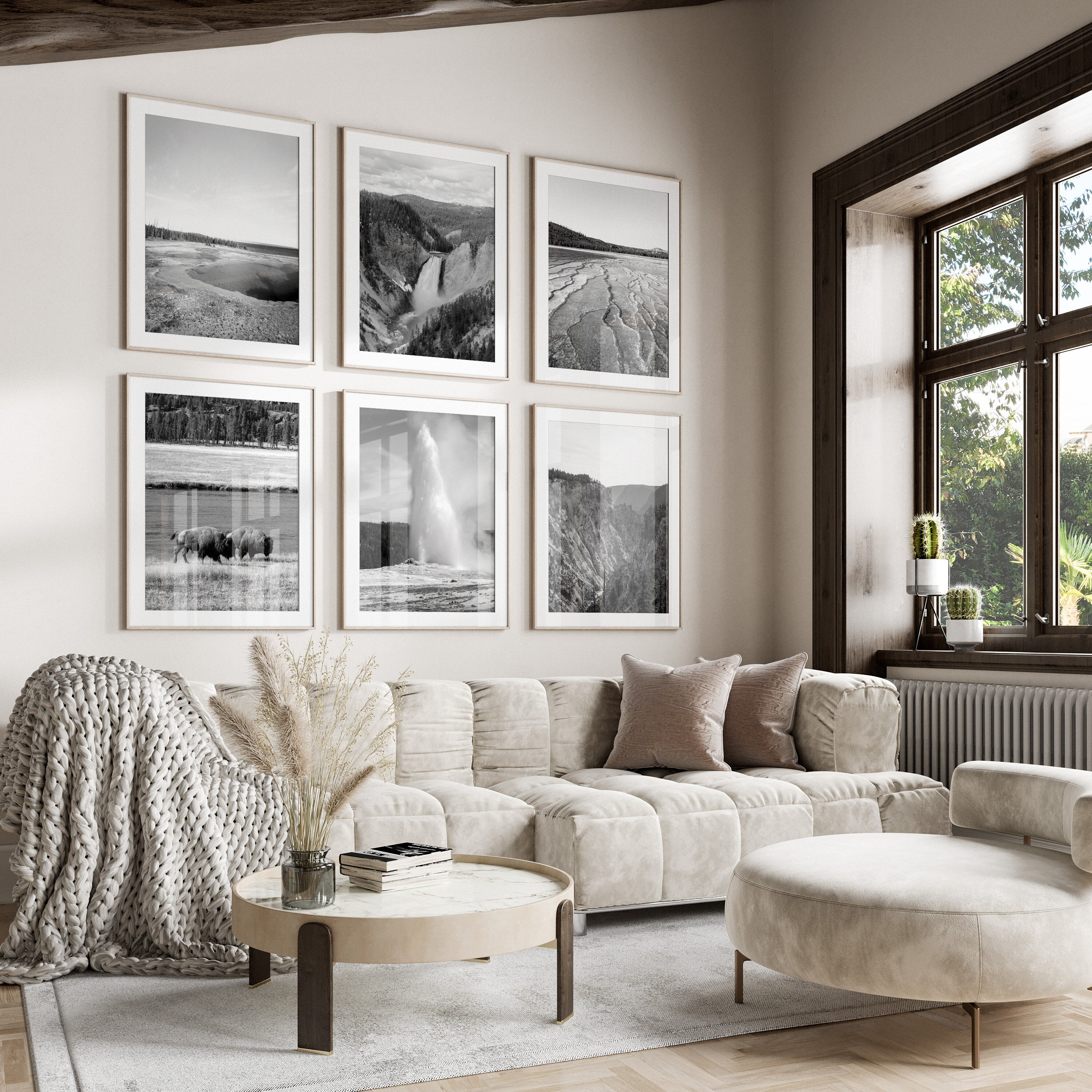 イエローストーン国立公園の白黒ウォールアート6点セット、イエロー