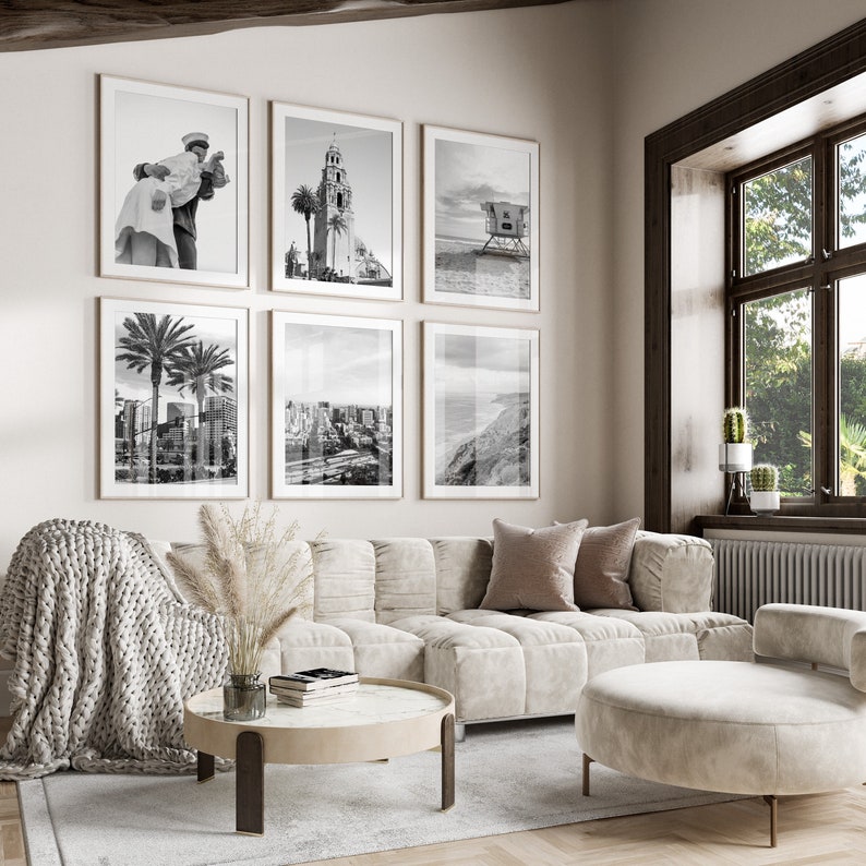 San Diego zwart-witte muurkunst set van 6, San Diego City prints, Instant Download, Gallery Wall Set, California Mission Beach posters afbeelding 1