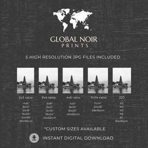 May include: Black and white digital prints of a pagoda on a lake, available in various sizes such as 10x15cm, 20x30cm, and 30x45cm. The image includes the text "GLOBAL NOIR PRINTS" and "INSTANT DIGITAL DOWNLOAD."