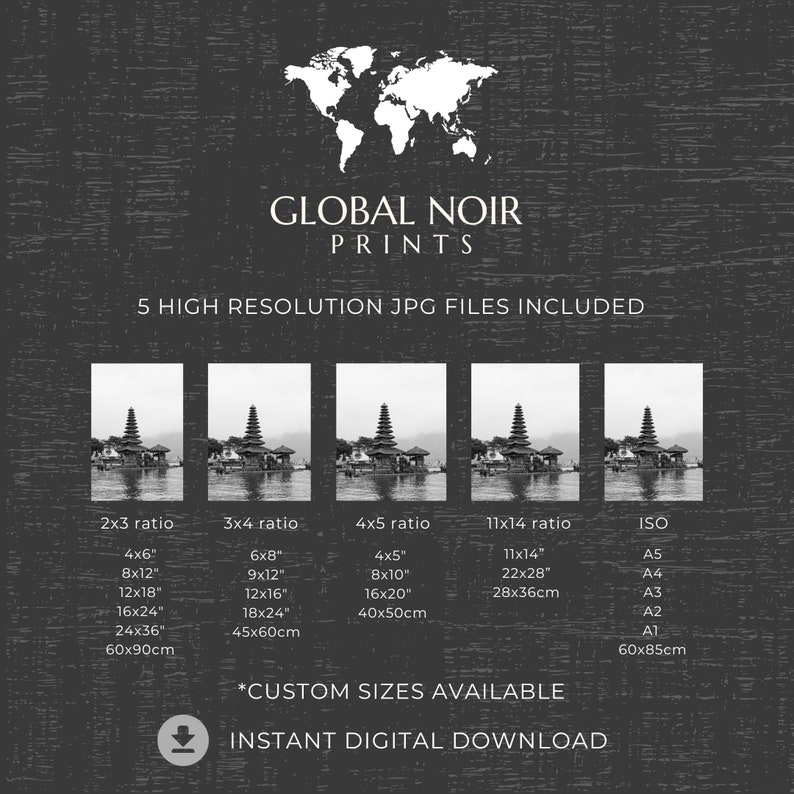 May include: Black and white digital prints of a pagoda on a lake, available in various sizes such as 10x15cm, 20x30cm, and 30x45cm. The image includes the text "GLOBAL NOIR PRINTS" and "INSTANT DIGITAL DOWNLOAD."