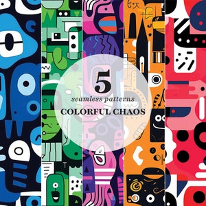Può includere: Cinque motivi astratti senza cuciture colorati con forme geometriche e linee. I motivi sono in una varietà di colori, tra cui blu, verde, rosa, arancione e rosso. I motivi sono disposti in una griglia, con un cerchio bianco al centro che dice "5 motivi senza cuciture CAOS COLORATO".