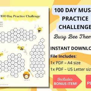 Music Practice Challenge 100 Days Music Practice Reward Tracker for Kids Practice Student Chart Download Music Teacher Practice BEE THEME