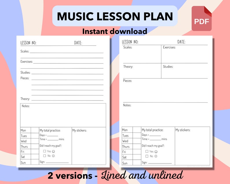 Music Lesson Plan Practice Sheet Student Musician Log Digital Download