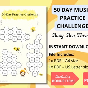 Music Practice Challenge 50 Days Music Practice Reward Tracker for Kids Practice Student Chart Download Music Teacher Practice BEE THEME