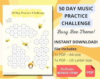 May include: A printable 50-day music practice challenge with a busy bee theme. The challenge is formatted as a honeycomb with numbers 1-50. The printable includes a bonus item and is available in A4 and US Letter sizes.