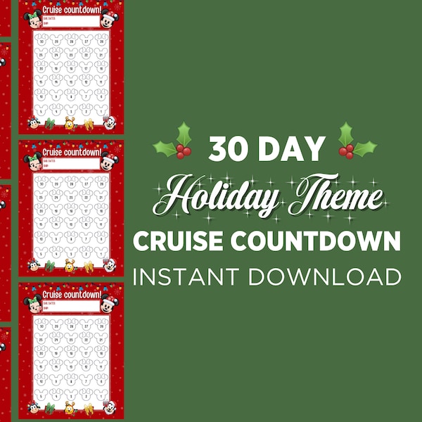 30 Day Cruise Countdown, INSTANT DOWNLOAD, Mickey Minnie Holiday Cruise Countdown, DCL Printable Cruise Countdown Very Merrytime Cruise