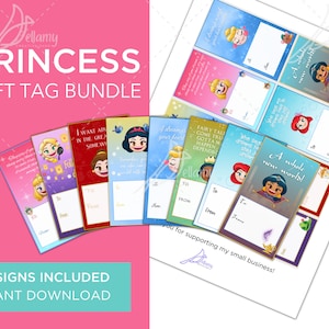 Puede incluir: Etiquetas de regalo imprimibles con princesas de Disney. Las etiquetas incluyen varios personajes de princesas y citas. El texto en las etiquetas incluye "¡Un mundo completamente nuevo!" y "Los cuentos de hadas se hacen realidad, hay que hacer que sucedan, depende de ti".
