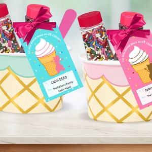 May include: Two pink and blue ice cream cups with gold accents. Each cup contains a small jar of sprinkles, a chocolate bar, and a small plastic spoon. A pink and blue tag is attached to each cup with the text "Do you wanna build an ice cream?" and a cartoon ice cream cone with a small figure standing next to it. The tags also include the text "Cabin 8550", "The Bellamy Family", "Cabin 9660", "Cabin 9220", and "Cabin 9660".