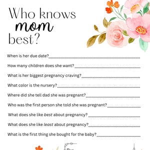Digital Download - Who knows mom best? - Baby Shower Game for Guests - Pink Floral