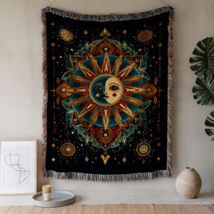 Boho Sun and Moon Woven Blanket - Celestial Throw - Bohemian Home Decor Gift