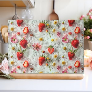 Strawberry Glass Cutting Board: Floral Kitchen Decor - Summer Fruit
