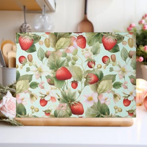 Strawberry Floral Glass Cutting Board: Garden Kitchen Decor