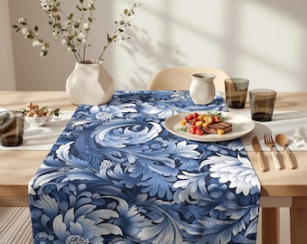 青い花柄のテーブルランナー、素朴なテーブルランナー、テーブル
