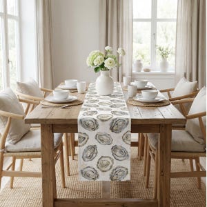 Bieżnik Oyster: dekoracja jadalni w nadmorskim domu na plaży