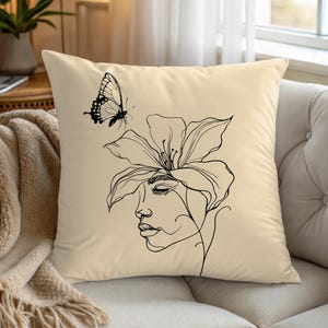 Boho Throw Pillow - Choose Your Color - Woman, Flower & Butterfly Design