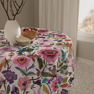 Vintage Floral Bird Tablecloth | Botanical Dining Decor | Spring Summer Table Cover