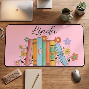Personalized Pink Book Lover Desk Mat | Book Stack Illustration, Reading Mousepad