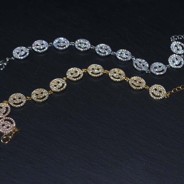 Happy Face, Gold-Plated Bracelet, Features Cubic Zirconia Detailing. Layer friendly.  2024 Must-Have. Adjustable, Fashionista. Gift BFF