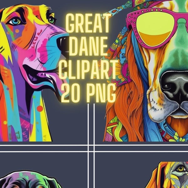 Colorful Great Dane Clipart Pack, Bright colors - Commercial Use - Transparent PNG Pack of 20