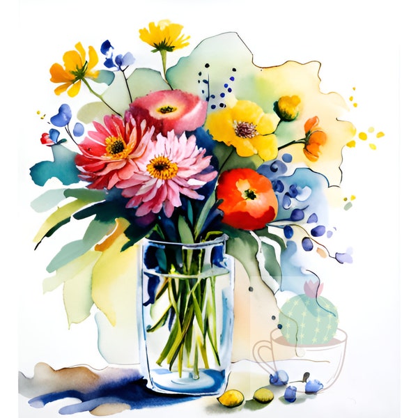 Watercolor Wildflower Bouquet in Vase - Digitaler Download
