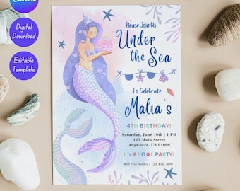 Invitación de cumpleaños de sirena, invitación bajo el mar, La Sirenita, plantilla editable para fiesta infantil, imprimible de cumpleaños, descarga instantánea, Canva