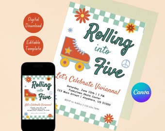 Invitación de cumpleaños de patines: temática de los 70, plantilla editable de Canva (descarga digital)