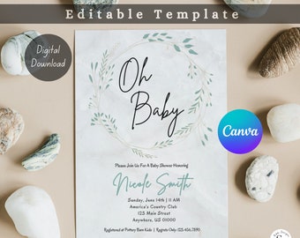Invitación para baby shower de eucalipto / Baby Shower / Niña / Niño / Canva / Descarga digital / Plantilla editable / Invitación / Plantilla