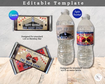 Envoltorio para barra de chocolate Hershey con diseño de boxeo / Envoltorio para botella de agua con diseño de boxeo / Envoltorio personalizable para barra de chocolate / Canva / Descarga digital / Recuerdos para fiestas / Boxeo