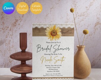 Bridal Shower Invitation Template, Sunflower Bridal Shower Invite, Editable Bridal Shower Invitation Card, Printable, Canva Instant Download