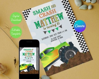 Cumpleaños de Monster Truck / Invitación de cumpleaños para niños / Descarga digital / Plantilla editable / Canva / Monster Trucks / Smash and Crash / Invitación