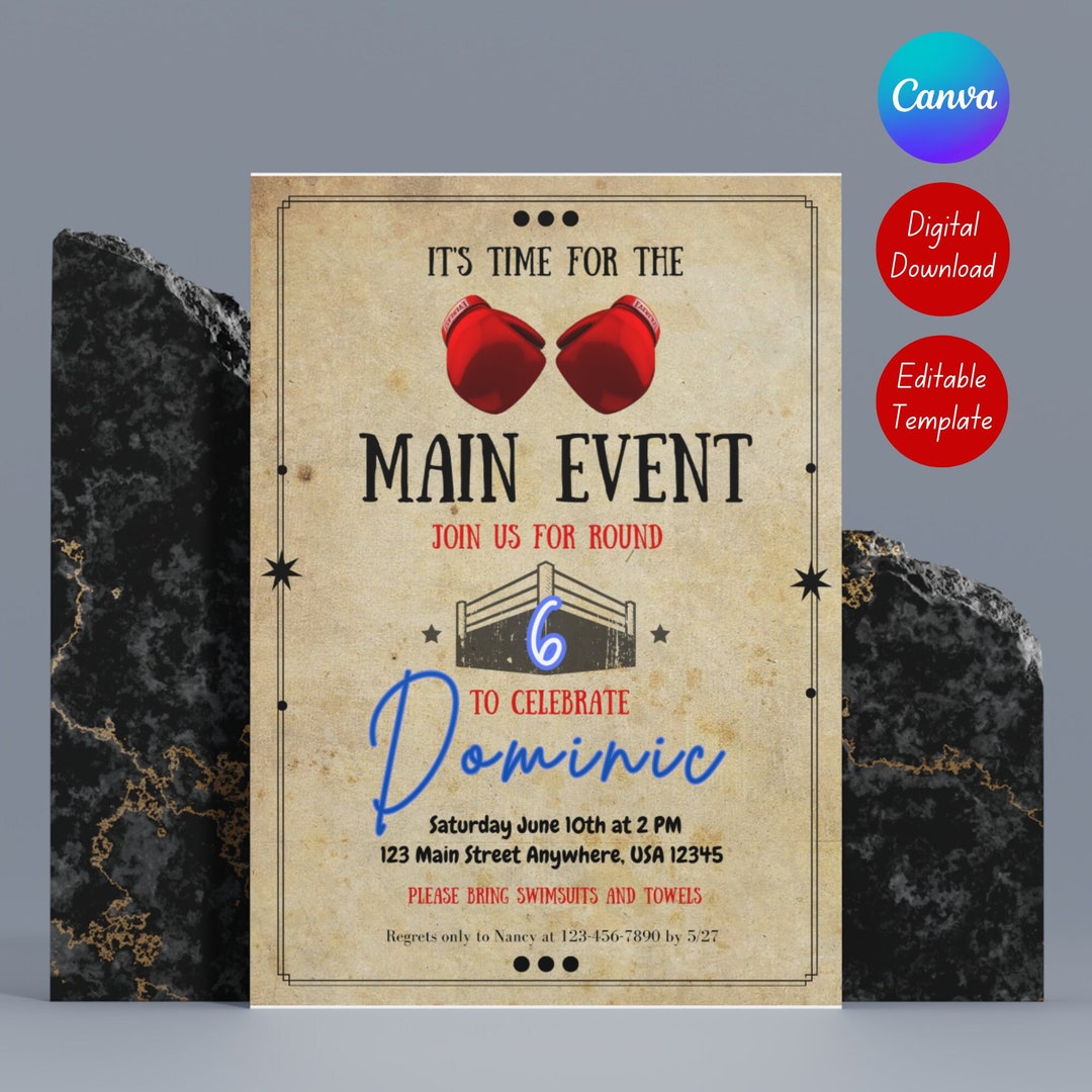 Boxing Birthday Invite, Rocky, Editable Template, Printable Birthday Invite, Canva, Digital ...
