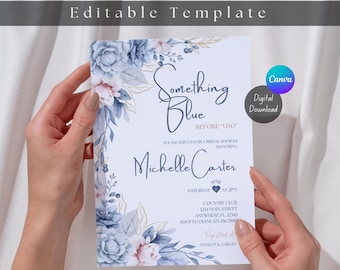 Invitación a la despedida de soltera, Something Blue Before I Do, despedida de soltera, editable, flores azules, plantilla, invitación digital, Canva, SB001