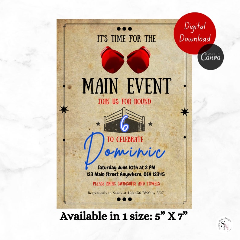 Boxing Birthday Invite, Rocky, Editable Template, Printable Birthday Invite, Canva, Digital ...