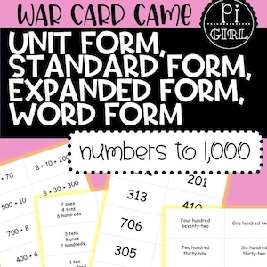 Puede incluir: Un juego de cartas de guerra imprimible con cartas que muestran números del 1 al 1.000 escritos en forma unitaria, forma estándar, forma expandida y forma escrita. Las cartas están diseñadas para ayudar a los estudiantes a aprender sobre el valor posicional y la representación de los números.