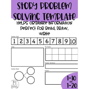 Puede incluir: Una plantilla de hoja de trabajo imprimible para resolver problemas de historia. La plantilla incluye un camino numérico, un marco de diez, un enlace numérico, un espacio para dibujar y un espacio para escribir una oración numérica. El texto "Story Problem Solving Template" está en la parte superior de la página. El texto "Helps organize information" está debajo del título. El texto "Perfect for Read, Draw, Write" está debajo del texto "Helps organize information". El texto "1-10 and 1-20" está en la esquina inferior derecha de la página.