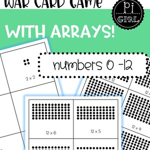 Puede incluir: Un juego educativo colorido titulado "Multiplication Picture War Card Game" con el texto "With Arrays!" y "numbers 0-12". El juego presenta tarjetas con problemas de multiplicación e ilustraciones de matrices, como 12 x 6, 12 x 5, 12 x 4 y 12 x 3.